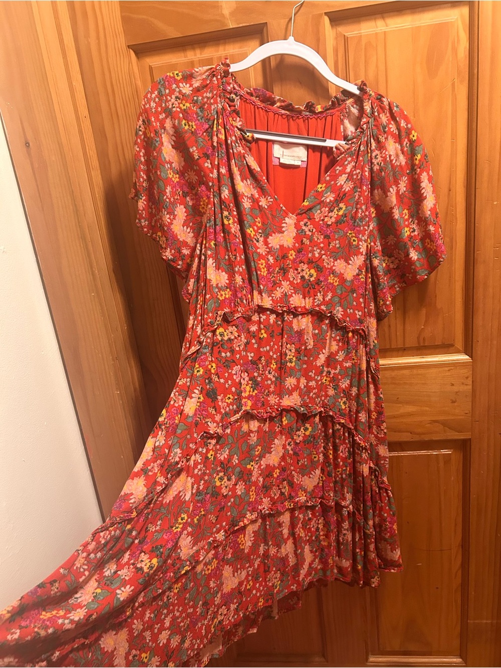Anthropologie Ruffled Red Multi Colored Floral Midi Dress L - Picture 2 of 8